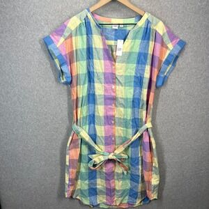 GAP Plaid Shirt Dress Women L Multi Color‎ Linen Blend Belted Mini NWT